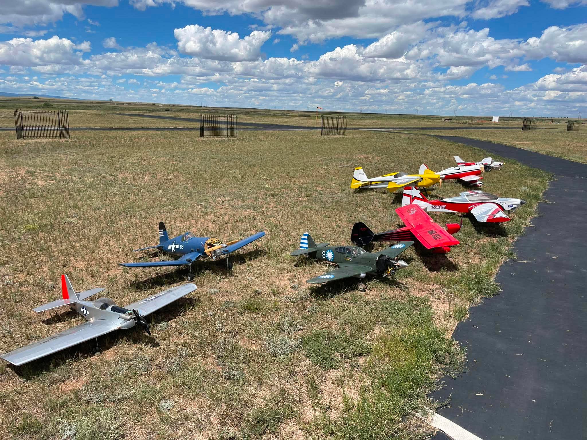 Radio-controlled planes lined up beside the Laramie Barnstormers runway